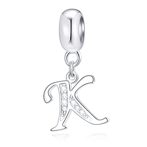 GLOWDAS Lettera K Charms Iniziale K Alfabeto Ciondolo Perline, 925 Argento Sterling Lettere Ciondolo con CZ Chiaro, Fit Pandora Donne Braccialetto/Collana, Regali per Buon Compleanno/Migliore Amico