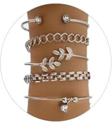 Bufenia Bracciale Boho Bracciale Set Foglia Strass Bracciale Aperto Punk Link Bracciali per Donne e Ragazze (Argento)