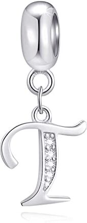 GLOWDAS Lettera T Charms Iniziale T Alfabeto Ciondolo Perline, 925 Argento Sterling Letra Ciondolo con CZ Chiaro, Fit Braccialetto da Viaggio Pandora, Regali per Insegnante/Adolescenti/Partner