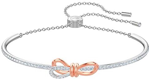 Lifelong Bow Bracciale Rigido con Cristalli Swarovski, Fiocco Placcato in Tonalità Rodio e Oro Rosa, Taglia M, Bianco