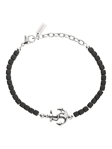 Breil , Collezione MAST, Bracciale Uomo in Acciaio ed Ematite, con Elemento Centrale in Acciaio a Forma di Ancora, Pratica Chiusura a Moschettone, Lunghezza Regolabile 17.5-22.5 cm