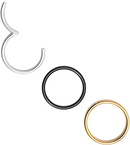 Body CAC 3 Pezzi-0.8mm×8mm Piercing Naso Orecchini Acciaio Chirurgico,Anallergici Hinged Anallergici Segment Ring Finto Nostril Piercing Trago in Acciaio-Oro/Argento/Nero