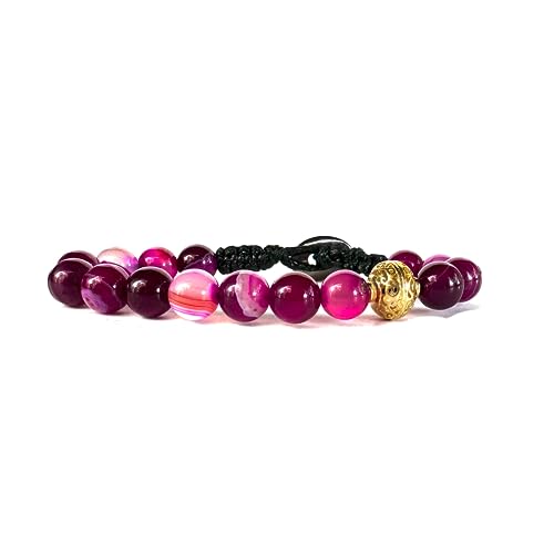 Samsara Bracciale Tibetano Buddista, lunghezza Regolabile, gioiello mistico Portafortuna Filo in cotone cerato ad alta resistenza (AGATA FUXIA STRIATA)