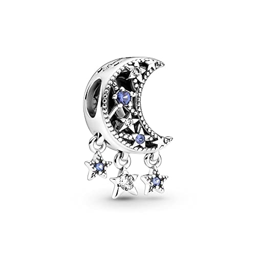 PANDORA Ciondolo Moments in argento Sterling con luna e stella con cristallo blu stellare e zirconia cubica trasparente