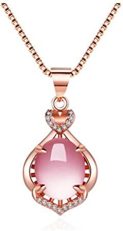 Dishowme Collana Con Ciondolo in Quarzo Rosa Catena a Goccia di Cristallo Rosa Pietra Preziosa Naturale Guarigione Chakra Gioielli in Pietra Opale per Donne Ragazze (Rosaoro A)