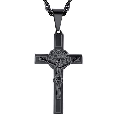 PROSTEEL Collana Crocifissa Cattolica Cindolo Croce Gesù, con Catena Regolabile, Acciaio Inossidabile Placcato Nero