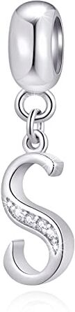 GLOWDAS Lettera S Charms Iniziale S Alfabeto Ciondolo Perline, Argento Sterling 925 Letra Ciondolo con CZ Chiaro, Fit Pandora Serpente San Valentino Braccialetto, Regali per Sorella/Matrigna/Figlio