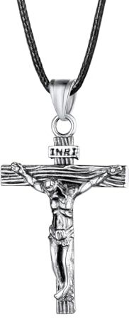 U7 Collana Uomo Croce Crocifisso, Vintage Collana Uomo Acciaio Ciondolo, Argento Crocifisso Collana Uomo con Gesù Cristo, 55 cm Collana Cera Nera, Idee Regalo Religioso Amuleto