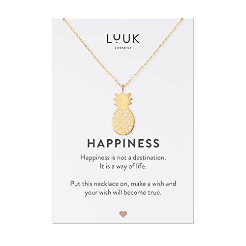 LUUK LIFESTYLE Collana filigrana con pendente ananas e biglietto dedica HAPPINESS, acciaio inox, idea regalo donna, gioielli per la vita quotidiana e le vacanze, oro