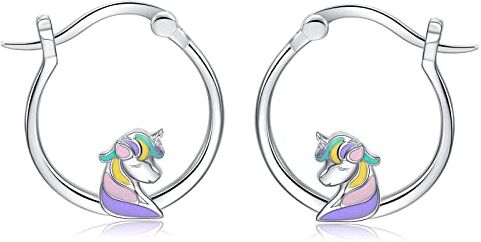 Qings Orecchini Unicorno Ragazze  Argento Sterling 925 Orecchini a Cerchio Piccoli Arcobaleno Colorati Smalti Animali Unicorni Orecchino Huggie Gioielli Unicorno Regalo di Compleanno per Donne