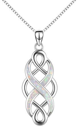 YFN Collana con Nodo Celtico Creato con Ciondolo Opale in Argento Sterling, Gioielli D'amore Infinito (Collana con Opale Blu) (White)