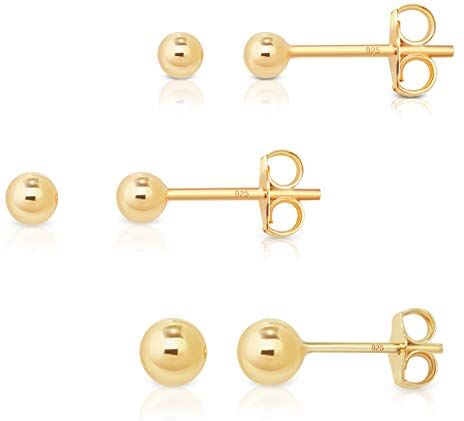 DTPsilver ® Set da 3 Orecchini a Pallina Argento 925 Placcati Oro Giallo Orecchini a Sfera Argento 925 Orecchini Lobo Donna Orecchini Piccoli Argento 925 Diametro 3, 4, 5 mm