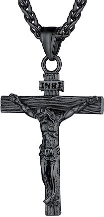 U7 Collana Croce Uomo con Gesù Cristo, Nero Collana Uomo Acciaio, Collana con Croce Uomo Ciondolo, Crocifisso Collana Uomo Donna, Idee Regalo Amuleto Religioso