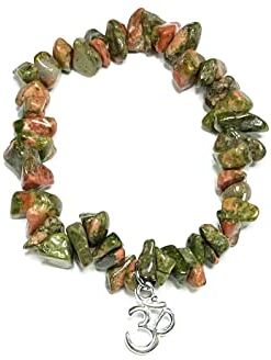 Generico Bracciale UNAKITE chip pietre vere naturali con ciondolo OM metallo color argento