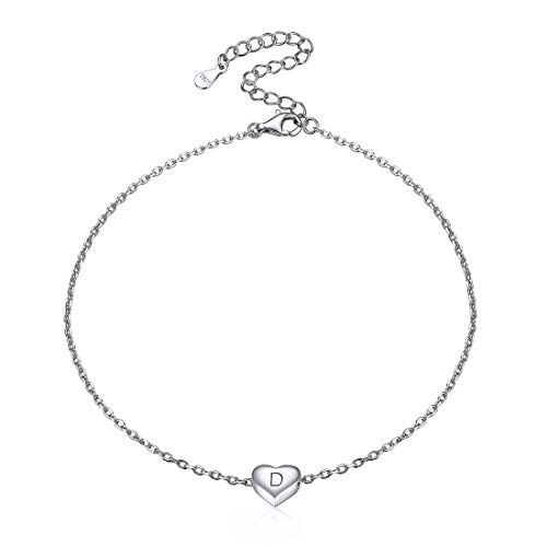 ChicSilver Donna Cavigliera in Argento Sterling 925, Ciondolo Cuore Lettera Iniziale, Gioiello Estate Estivo Sexy per Spiaggia, Catena Rolo Regolabile Sottile 22 + 5 CM, con Confezione Argento D