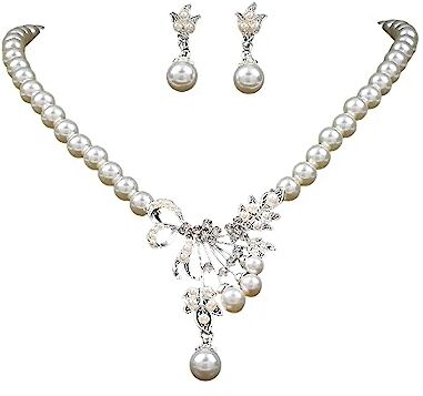 Dishowme Matrimonio Perla Fiore Collana Set Da Sposa Cristallo Bianco Faux Perla Pendente Collana Orecchini Floreale Strass Finta Perla Catena Gioielli per Le Donne (Bianco B)