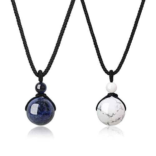 COAI Coppia di Pendenti Sfera in Sodalite e Howlite, Collane Pendenti in Pietre Dure con Laccio Regolabile per Innamorati