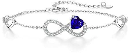 Qings Bracciale Infinito Donna Argento 925 con Saffiro Infinity Cuore Settembre Pietre di Nascita Bracciali Regolabile Blu Gemma Braccialetto, Gioielli Regalo Compleanno per Mamma Donne Ragazze