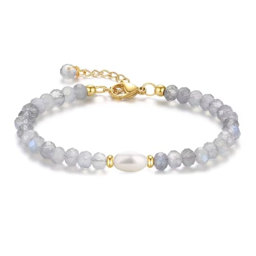 COAI Bracciale da Donna con Cristalli di Labradorite Sfaccetata e Perla di Acqua Dolce