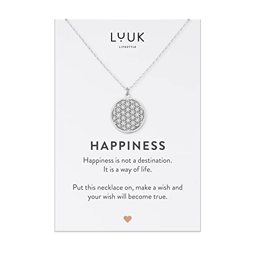 LUUK LIFESTYLE Collana in filigrana con ciondolo fiore della vita e dedica HAPPINESS, acciaio inossidabile, regalo per donna e ragazza, Natale, disegno delicato, catenina dell'amicizia, argento