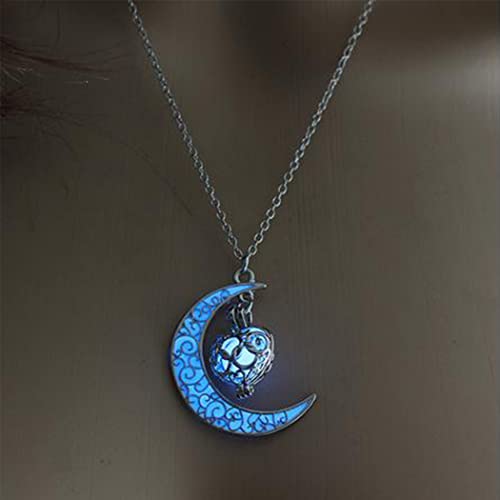 Handcess Halloween Moon Luminous Necklaces Beads Glow Pendant Necklaces Silver Crescent Luminous Necklace Jewelry Chains for Women and Girls (Blu)