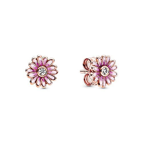 PANDORA Orecchini a bottone con margherita placcati in oro rosa 14k con zirconi cubici trasparenti e smalto rosa sfumato