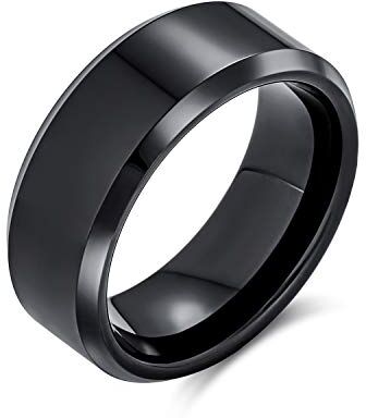 Bling Jewelry Semplice Semplice Bordo Smussato Nero Coppie Titanium Wedding Band Anello per Gli Uomini per Le Donne Comfort Fit 8Mm