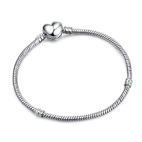 LongcreekX Bracciale con catena a forma di serpente per donna, braccialetto con ciondolo italiano da 3 mm per ragazze, bracciale con chiusura a barilotto di perline(Cuore)