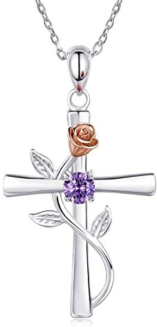 Dishowme Collana con ciondolo a croce rosa Collana con crocifisso a foglia di fiore di cristallo Gioielli con croce cristiana religiosa per donne ragazze adolescenti (Viola)