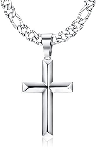 Milacolato Croce Collana Uomo Argento, Croci Ciondolo Girocollo Uomo Con Taglio Bordo Smussato Figaro Catena Acciaio Inox, 925 Argento Lucido Croce Pendente Collana Per Uomo Donna 51-66cm