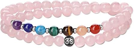 GAVU Bracciale di Quarzo Rosa Naturale da Donna con Pietre Chakra e Charm Om 18.5cm