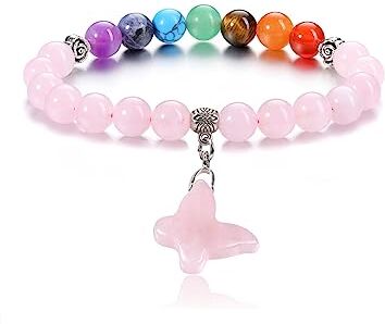 CrystalTears Bracciale di Quarzo rosa 8 mm con ciondolo a farfalla 7 Chakra Bracciale in pietra naturale Regalo per uomo donna