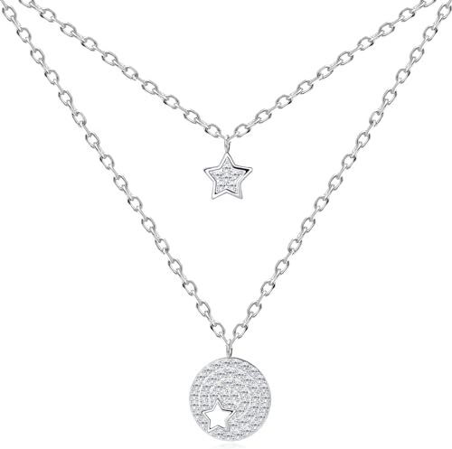 Tusuzik Collana Donna Collana a Stella a Doppio Strato Delicato Donna Collana Argento 925 Donna con Gioielli CZ Lucidi Regali per Donna Ragazze