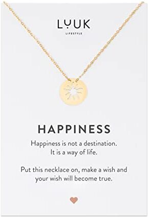 LUUK LIFESTYLE Collana da donna in acciaio inossidabile con pendente sole e carta regalo HAPPINESS, gioielli alla moda per ragazza, segno zodiacale, oro