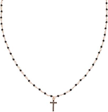 Amen. Gioielli, Collana con Croce, Collana Donna Argento 925, Ciondolo Croce, Zirconi Neri e Cristalli Neri, Rivestimento Oro Rosa, Regalo Donna, Made In Italy.