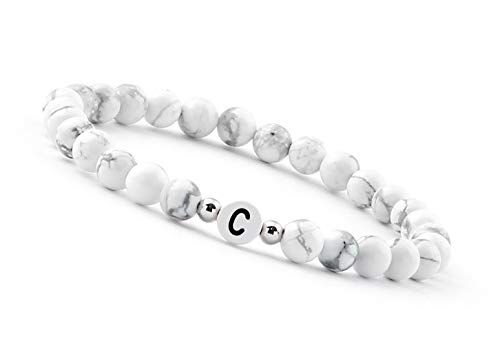 GD GOOD.designs Bracciale di perline Lettera I Perline bianche del braccialetto del nome con autentiche pietre di Howlite I Braccialetto di perline personalizzato con iniziali I Braccialetto fatto a mano