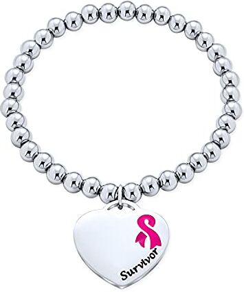 Bling Jewelry Vuoto nastro rosa cancro sopravvissuto ID allarme medico Stretch Bead Bracciale forma di cuore Charm Tag per le donne tono argento