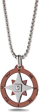 inSCINTILLE Collana Uomo Acciaio Inossidabile Rosa dei Venti Ciondolo Nautico, Lunghezza Regolabile 48-53cm con Confezione Regalo Inclusa (Rosa dei Venti e Zircone – Marrone)