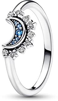 PANDORA Moments Celestial Sparkling moon sterling silver ring with night blue crystal and clear cubic zirconia, 48