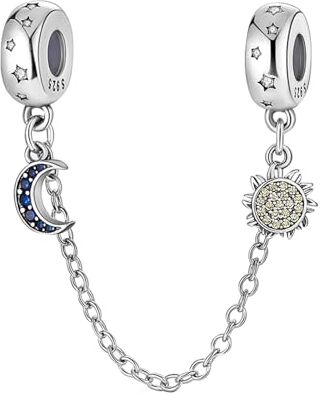 Doyafer collana di sicurezza in argento 925 con ciondolo a stella, sole e luna, compatibile con i braccialetti da donna