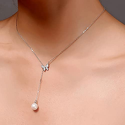 TseenYi Perla Y Lariat Collana Perla Ciondolo Lariat Collana Argento Y Perla Goccia Cz Farfalla Girocollo Collana Perla Clavicola Gioielli Per Le Donne E Ragazze