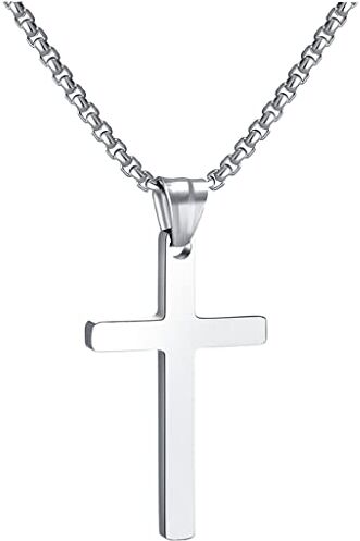 RWQIAN Croce Collana Uomo Croce Pendente Argento Acciaio Inossidabile 60cm Catena Croce Gioielli Ciondolo