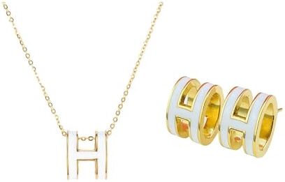 HSAJS Set di gioielli in acciaio Donna orecchini a perno collana 2 pezzi gioielli set Titanio acciaio orecchini monogramma catena ciondolo Gioielli anallergici Regali per l'anniversario (White)