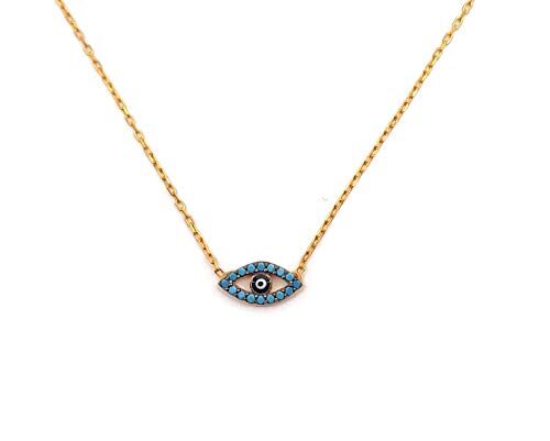 MYSTIC JEWELS By Dalia Collana con ciondolo a forma di occhio turco, rotonda, in argento Sterling 925, con zirconi cubici e smalto in blu intenso (turchese)