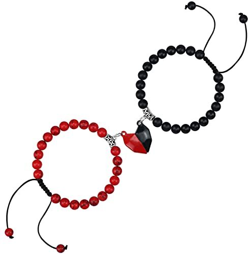 free-space 2 pezzi Braccialetti magnetici per coppie per donna Uomo Bracciale con perline in pietra naturale Braccialetti per attrazione reciproca a cuore per coppie (Black-Red)