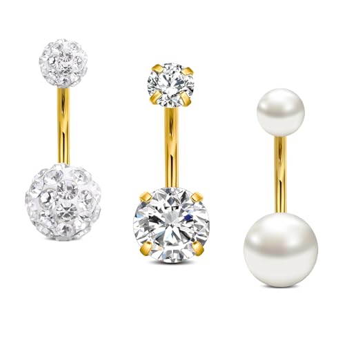 NIUSIMAN 3 pezzi 14G Piercing Ombelico 10mm Oro piercing ombelico acciaio chirurgico perla cristallo pendente piercing all'ombelico gioielli d'oro per le donne