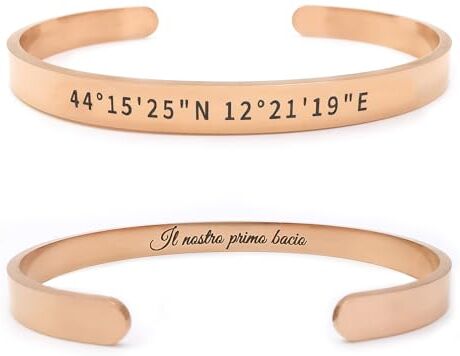 ALMENDRA Bracciale coordinate geografiche personalizzato da uomo primo bacio con incisione nascosta rigido acciaio personalizzabile regalo scritta nome (Oro rosa)