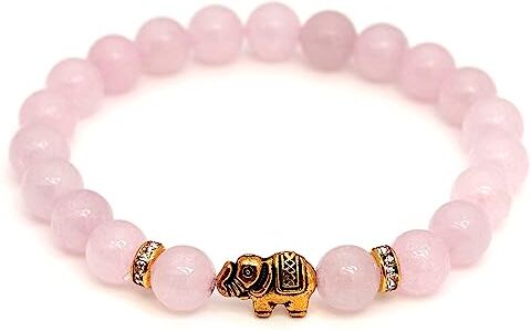 BERGERLIN Quarzo rosa bracciale con vere perle di pietre naturali e elefante