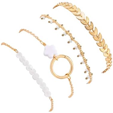 Branets Boho Set di braccialetti a strati con nappa e perline in stile bohémien, con cerchio e foglia, per donne e ragazze(4 pezzi)