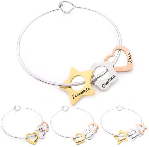 ALMENDRA Bracciale da donna personalizzato con incisione cuore con nome famiglia braccialetto personalizzabile regalo festa della mamma figli iniziale data nascita zampa cane gatto acciaio (Cuore fiore stella)